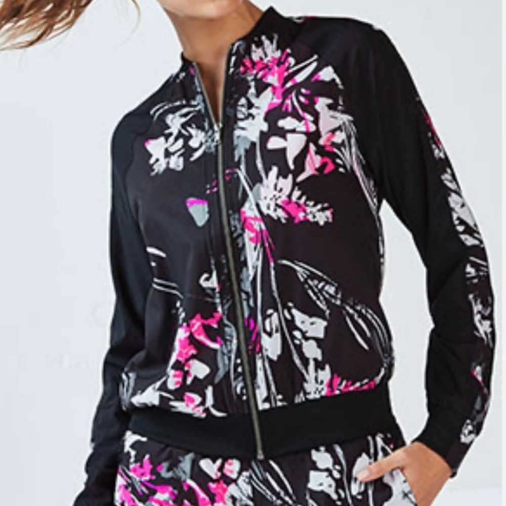 Fabletics Bev Bomber Jacket Size XXL Floral Print Black Zip Up‎ Athleisure Sport